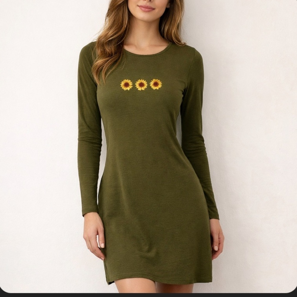 Vine and Valley ribbed stretch long sleeve dress sunflower embroidery Sz Large